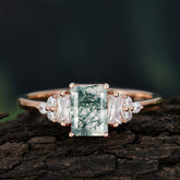 1 Carat Emerald Cut Moss Agate Engagement Ring Classic Side Stone Wedding Ring